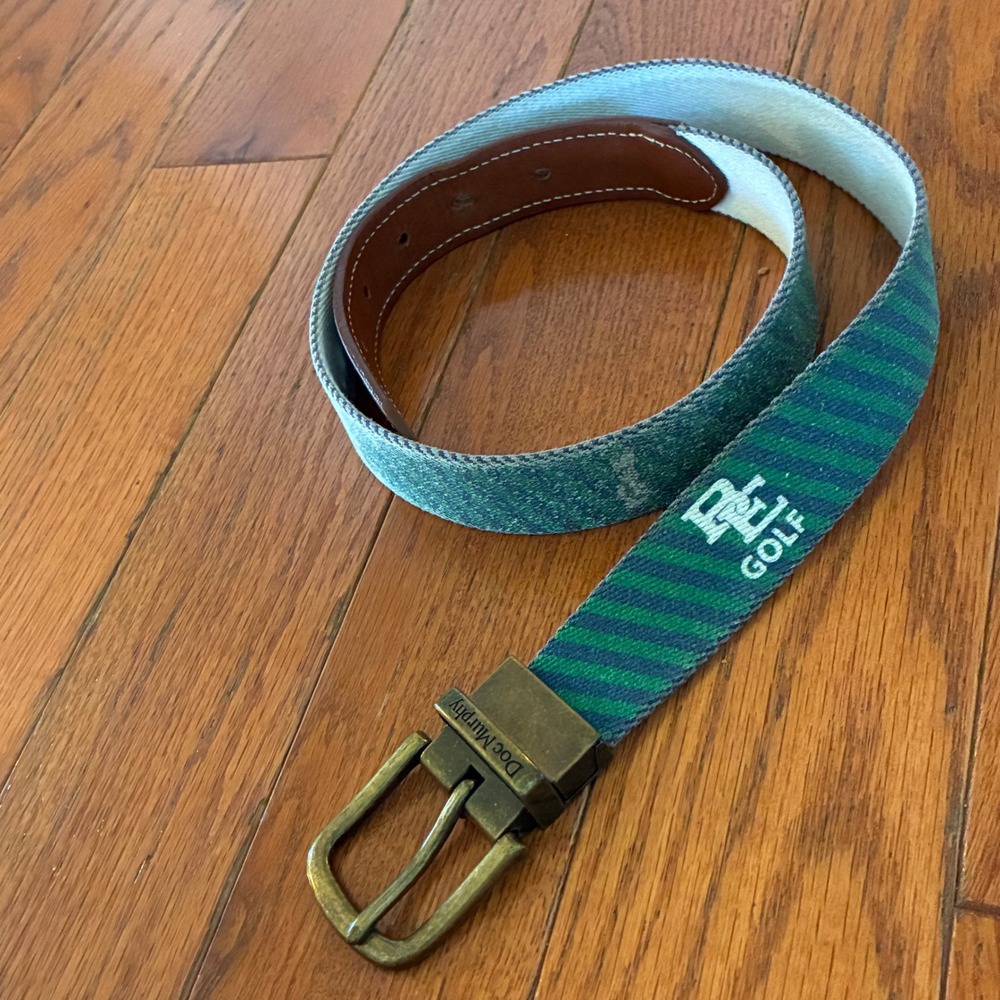 Doc Murphy Belt Mens 38 Green Blue Striped Canvas Preppy Golf Brass Buckle